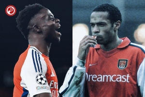 单赛季欧冠进球超过5粒，阿森纳队史仅亨利、萨卡做到